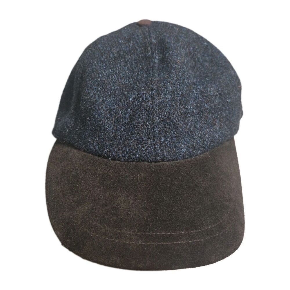 J.Crew Harris Tweed Hat Cap Blue Wool Brown Suede Brim Strapback Dad Hat